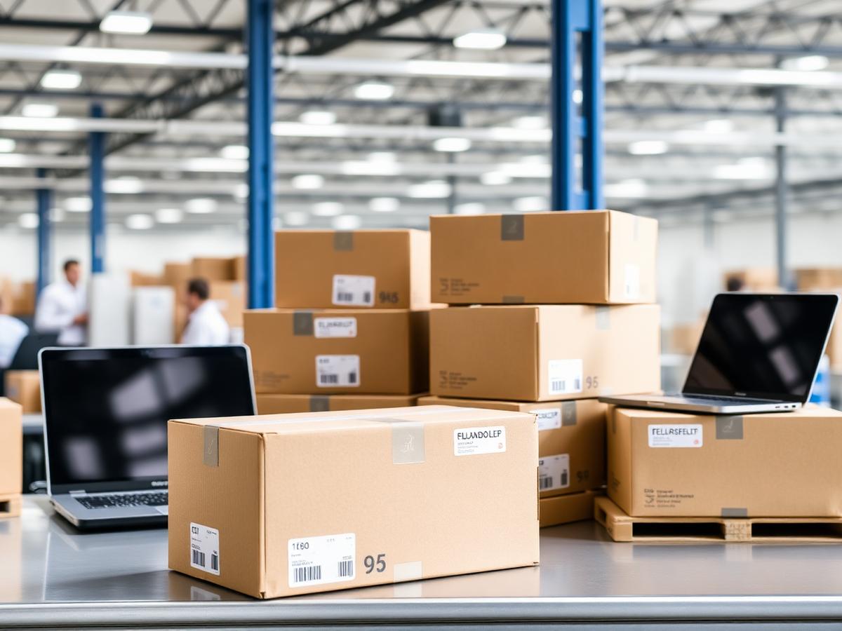 Devices packed and labelled ready for despatch and courier tracking